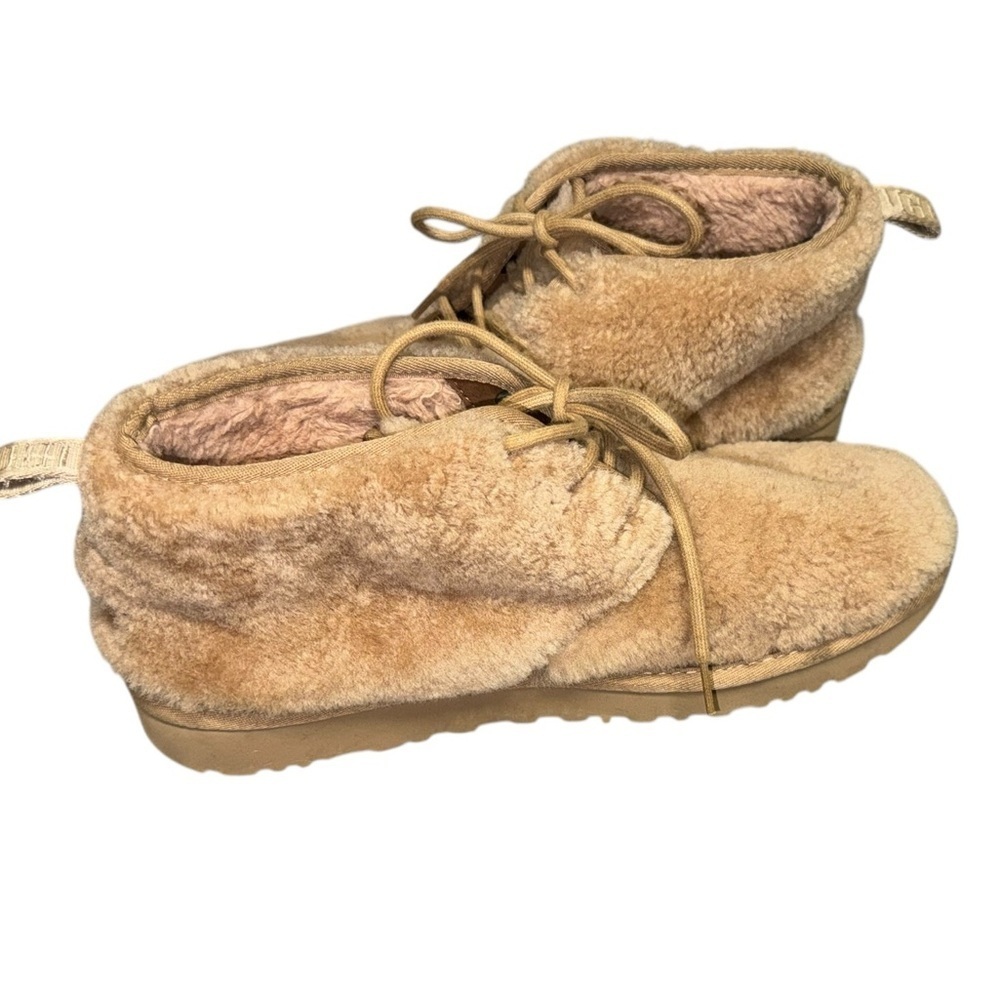 WORN ONCE UGG unisex Neumel Cozy lace up fluffy ankle boots in chestnut SZ 13 - Picture 4 of 8